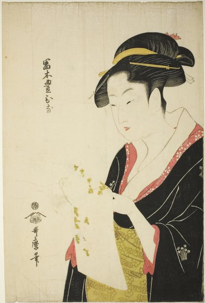 Tomimoto Toyohina, ca. 1793 (kleurenhoutsnede; oban) door Kitagawa Utamaro