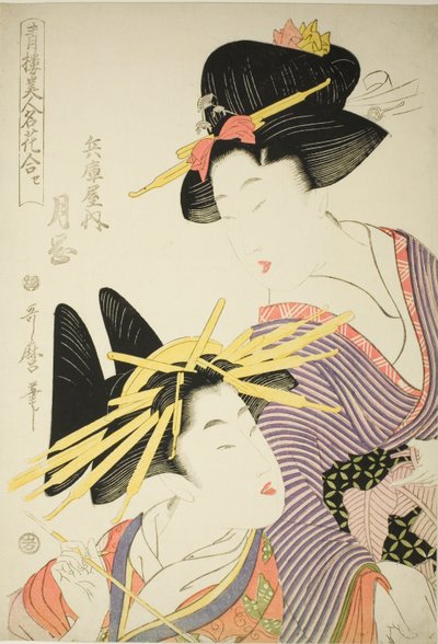 Tsukioka van de Hyogoya (Hyogoya uchi tsukioka), uit de serie "Seiro bijin meika awase" door Kitagawa Utamaro