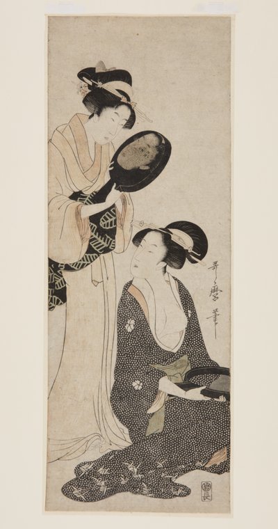 Twee Dames, Elk met een Deel van een Gelakte Spiegel door Kitagawa Utamaro
