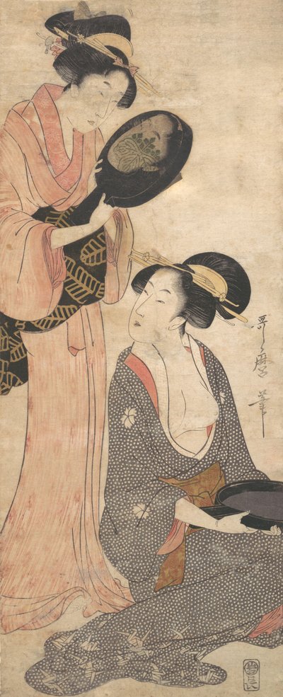Twee Dames, Elk met een Deel van een Gelakte Spiegel, 1790s door Kitagawa Utamaro