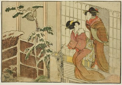 Twee vrouwen op veranda op een sneeuwachtige ochtend, uit het geïllustreerde boek "Prentenboek: Bloemen van de vier seizoenen (Ehon shiki no hana)," deel 2 door Kitagawa Utamaro