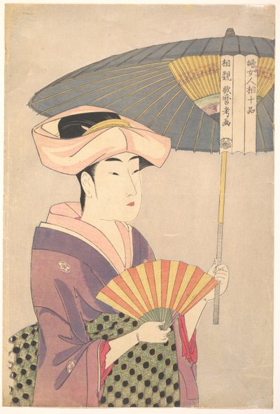 Vrouw die een parasol vasthoudt, uit de serie Tien typen in de fysiognomische studie van vrouwen, ca. 1793 door Kitagawa Utamaro