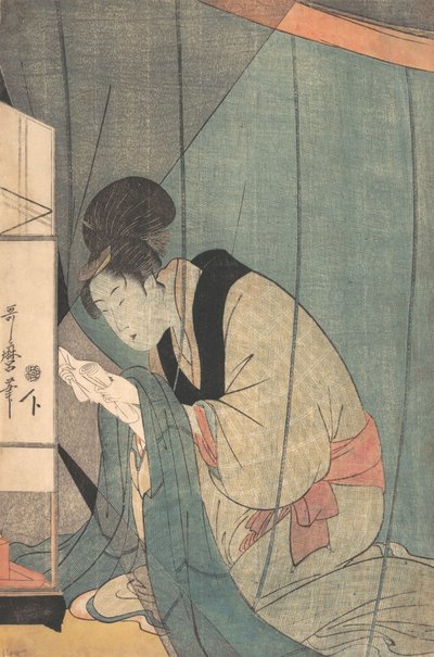 Vrouw die een brief leest onder een muskietennet door Kitagawa Utamaro