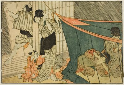 Vrouwen Binnen een Muskietennet Tijdens een Onweersbui, uit het geïllustreerde boek "Prentenboek: Bloemen van de Vier Seizoenen," deel 1 door Kitagawa Utamaro