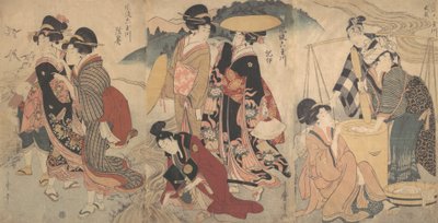 Vrouwen en een man op het platteland, een of andere optocht, laat 18e-begin 19e eeuw door Kitagawa Utamaro