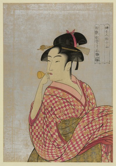Jonge vrouw die een glazen pijp blaast, uit de serie Tien typen in de fysiognomische studie van vrouwen door Kitagawa Utamaro