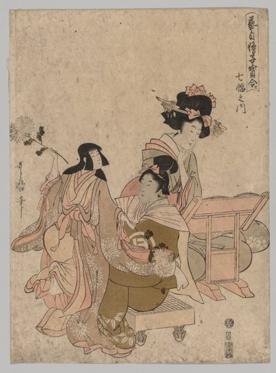 Bunraku Poppenkast uit de serie Competitie van Kostbare Kinderen Trots op hun Kunsten, Onder Zeven Rollen door Kitagawa Utamaro II