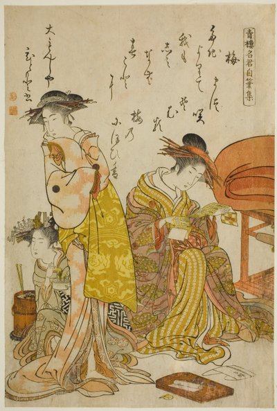 De courtisane Hitomoto van de Daimonjiya, uit het album "Vergelijking van nieuwe schoonheden van de Yoshiwara - Een spiegel van hun eigen geschriften (Keisei shin bijin awase jikihitsu kagami)" door Kitao Masanobu