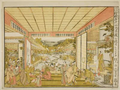 Act VII (Shichidanme), uit de serie "Perspectiefbeelden van het pakhuis van loyale vazallen (Uki-e kanadehon Chushingura)" door Kitao Masayoshi