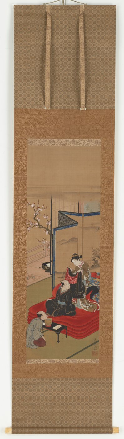 Een courtisane helpt een man zich aan te kleden, Edo-periode door Kitao Shigemasa