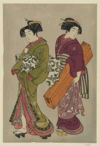 Kitao Shigemasa (1777) Geisha en een bediende die haar shamisen-doos draagt door Kitao Shigemasa
