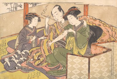 Dienaar brengt medicijn aan op de arm van een geisha, laat 18e eeuw door Kitao Shigemasa