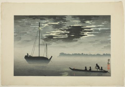 Maanlicht door de Wolken voor de Haneda-kust door Kiyochika Kobayashi