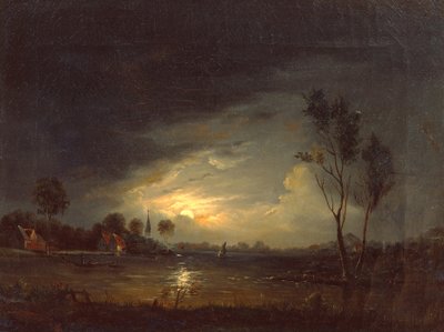 Fjordlandschap met vissers in maanlicht door Knud Andreassen Baade