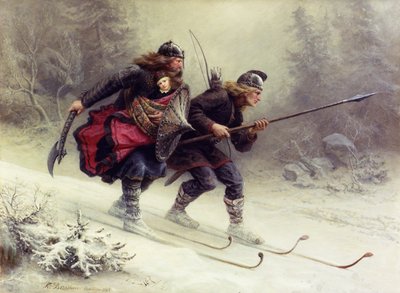 Soldaten voor de Noorse koning Sverre, Torstein Skevla en Skjervald Skrukka dragen de zoon van de koning Hakon Hakonsson door Knud Bergslien