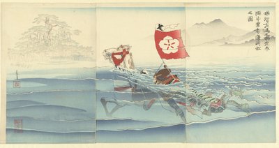 Gezicht op de Karasaki pijnboom terwijl Akechi Samanosuke Mitsuharu het meer overzwemt door Kobayashi Kiyochika