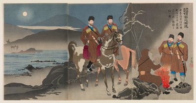 Geleidelijke vooruitgang van verkenners in de rechtvaardige oorlog om Rusland te straffen: Een verkenningsgroep van het Japanse leger observeert de bewegingen van Russische Kozakken over de Daedong-rivier door Kobayashi Kiyochika