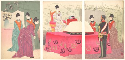 Illustratie van de keizerin die het hoofdkwartier van de generale staf bezoekt door Kobayashi Kiyochika