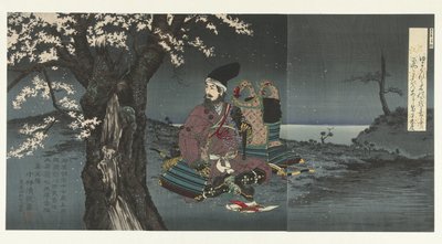 Taira no Tadanori onder een kersenboom door Kobayashi Kiyochika