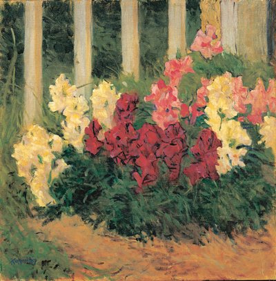 Blumenstrauch vor Gartenzaun - Bloemen voor een tuinhek ... (olieverf op doek) door Koloman Moser