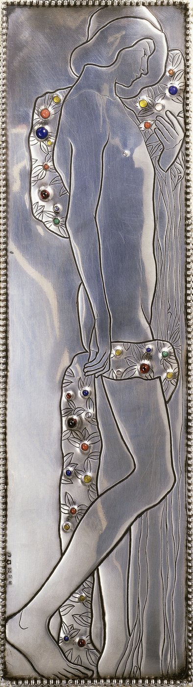 Inzetpaneel van een Weiner Werkstatte wit geschilderd eenpersoonsbed met een naakte androgyne figuur (detail), c.1904 door Koloman Moser