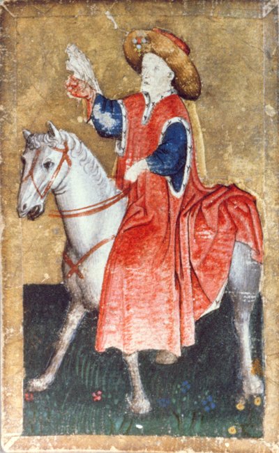 Een bereden valkenier, een van een set speelkaarten die scènes van hofvalkenjacht uitbeelden, Opper-Rijngebied, ca. 1440-45 door Konrad Witz