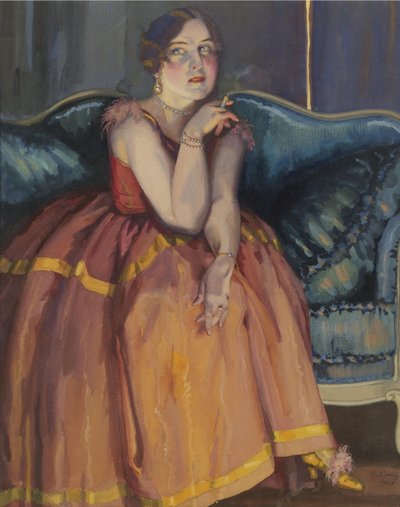 Vrouw die een sigaret rookt op een sofa door Konstantin Andreevic Somov