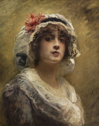 Konstantin Makovsky Portret van een jong meisje met een witte stoffen bonnet door Konstantin Makovsky