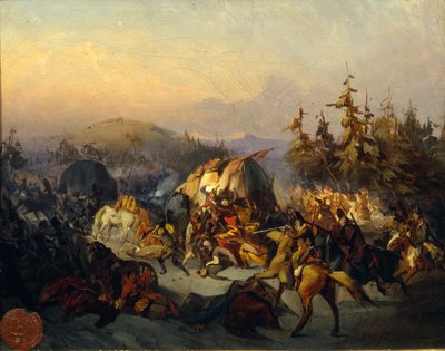 Russische Kozakken vallen Franse troepen aan tijdens transport door Konstantin Nikolayevich Filippov