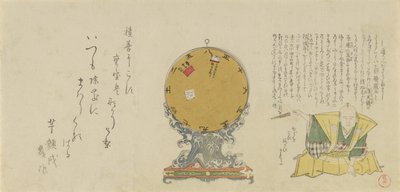 Draaibare kalender gemonteerd op uitgebreide golfbasis met konijn, 1795, jaar van het konijn door Kubo Shunman