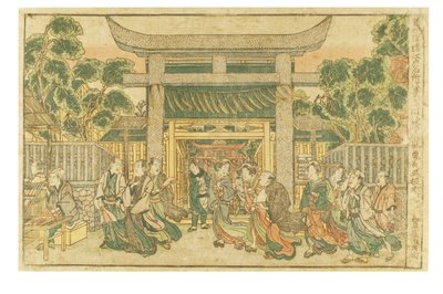 Mooi weer bij het Hachiman heiligdom bij de Fukagawa rivier uit de serie Newly Published Perspective Views. De acht beroemde vergezichten van Edo door Kuninaga Utagawa