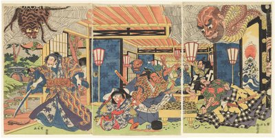 Minamoto no Yorimitsu en zijn handlangers verslaan de aardspin, ca. 1804-1818 (houtsnede (nishiki-e); inkt en kleur op papier) door Kuninaga Utagawa