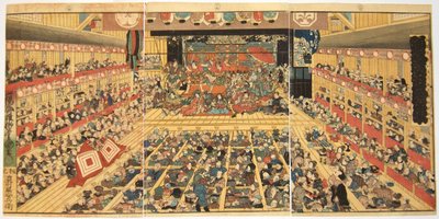 Odori-keiyo Edo-e no Sakae: Theaterinterieur met Shibaraku uitvoering, 1858 door Kunisada