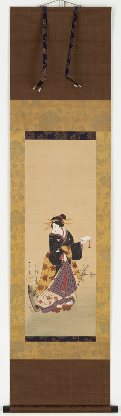 Een Oiran staand bij een pruimenboom door Kuniyuki Utagawa