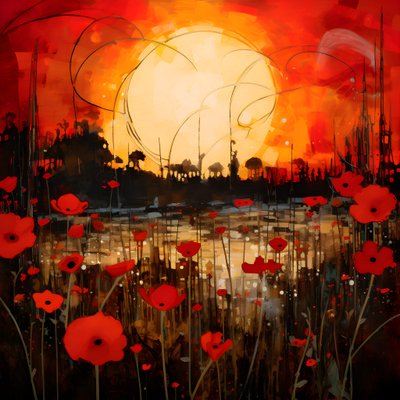 Abstract landschap met een veld wilde bloemen en een gedurfde rode zon 1 door Kurt Heppke