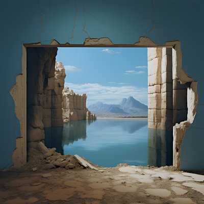 een afbeelding van een ongebruikte kamer met een enorm meer en woestijn in een grote kuil futurecore, hoog contrast chiaroscuro warme tinten 4 door Kurt Heppke
