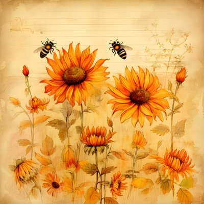 Aquarel zonnebloemen en bijen silhouetten met handgeschreven herfstgedichten 1 door Kurt Heppke