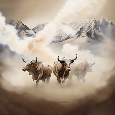 Een fractaal abstract canvas schilderij, beige-witte rooktextuur. 3 zwarte stieren die uit de rook verschijnen, met de berg Ararat aan de horizon. Houdingen herinneren aan stieren op Wall Street in New York. door Kurt Heppke