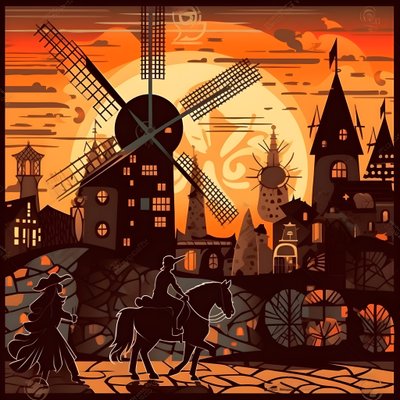 Don Quijote op zijn ezel voor windmolens 4 door Kurt Heppke