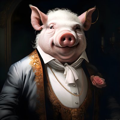 Koude en heerszuchtige antropomorfe varkensplantage-eigenaar, priemende ogen, dikke mollige lichaam, sigaar in de hand, exquise chique zuidelijke witte pak en vest, zakhorloge aan een ketting, monocle, witte vilthoed, close-up 2 door Kurt Heppke