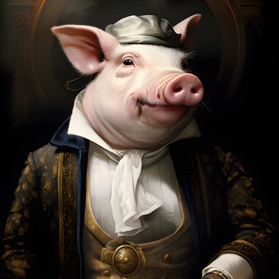Koude en heerszuchtige antropomorfe varkensplantage-eigenaar, priemende ogen, dikke mollige lichaam, sigaar in de hand, exquise chique zuidelijke witte pak en vest, zakhorloge aan een ketting, monocle, witte vilthoed, close-up 3 door Kurt Heppke