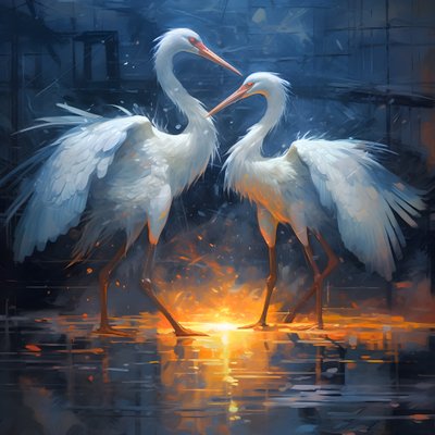 prachtig, schitterend, filmisch schilderij, twee kraanvogels kussen in de regen 1 door Kurt Heppke