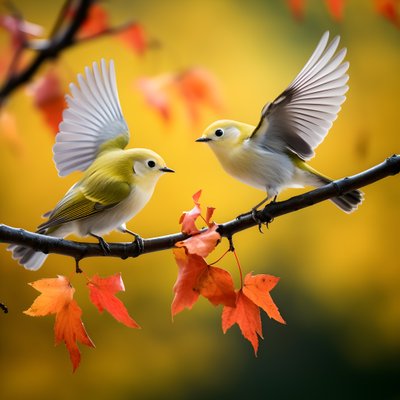 Twee superschattige groene brilvogels spreiden hun vleugels en vliegen in de herfstige esdoornbladeren 4 door Kurt Heppke