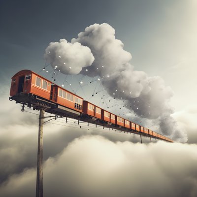 een snel bewegende sociale media trein die door de wolken vliegt aan een draadje 1 door Kurt Heppke