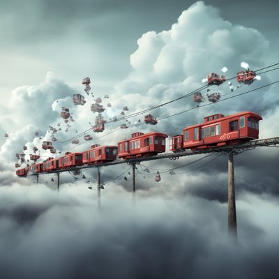 een snel bewegende sociale media trein die door de wolken vliegt aan een draadje 4 door Kurt Heppke