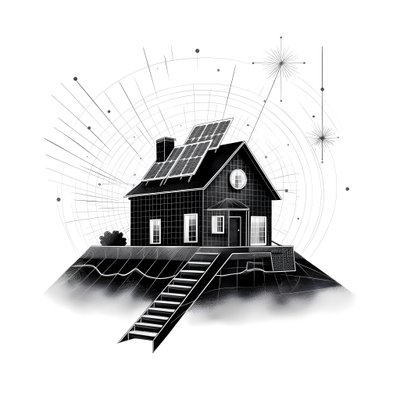 illustratie van een huis met zonnepanelen en een grote pijl erachter die naar rechts en omhoog wijst door Kurt Heppke