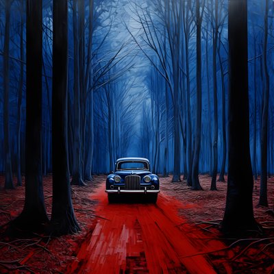 blauwe auto in een rood bos door Kurt Heppke