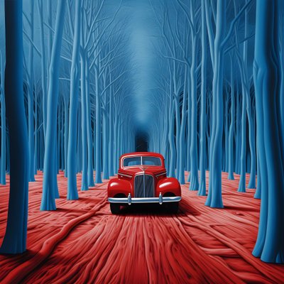 blauwe auto in een rood bos door Kurt Heppke
