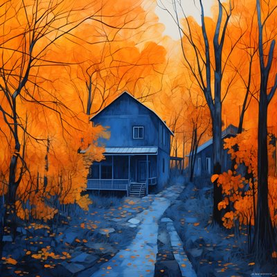 een blauw huis in een oranje bos door Kurt Heppke
