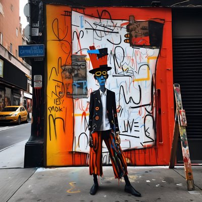 Een geschilderd figuur komt tot leven terwijl het door een straat in New York loopt, surrealistische foto door Kurt Heppke
